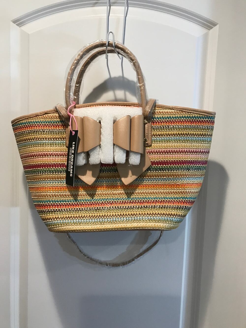 Woven Multicolor Tote Bag with Tan Trim